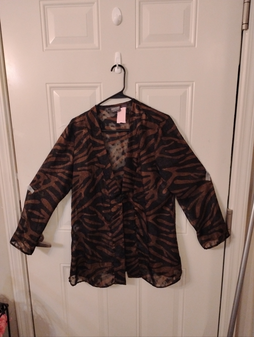 Chicos Addition By Chicos Brown and Black Sheer Animal-Print Blouse Sheer
